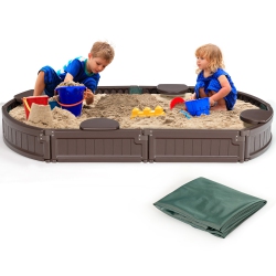 COSTWAY 6F Wooden Sandbox W/built-In Corner Seat, Cover, Bottom Liner for Outdoor Play