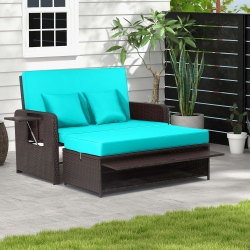COSTWAY Patio Rattan Daybed Lounge Retractable Top Canopy Side Tables Cushions