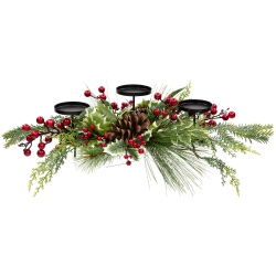NORTHLIGHT Holly And Berries Christmas Pillar Candle Holder With Pine Cones - 28