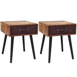 COSTWAY Set Of 2 Mid-Century Accent Bedside Table W/ Drawer Rustic In Brown