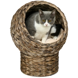 PAWHUT Wicker Cat Bed, Elevated Rattan Kitten Bed With Cushion, Handwoven Cat Egg Chair Kitty House With Stand for Indoor Cats In Dark Brown