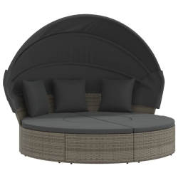 VIDAXL Outdoor Lounge Bed With Canopy And Cushions Poly Rattan In Grey