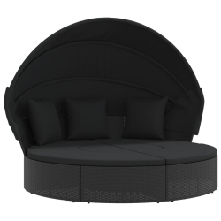 VIDAXL Outdoor Lounge Bed With Canopy And Cushions Poly Rattan In Black