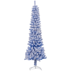 HOMCOM 6Ft Snow Flocked Pencil Christmas Tree, Artificial Slim Xmas Tree With Realistic Branch Tips, Folding Metal Stand In Blue