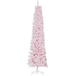 HOMCOM 7.5Ft Snow Flocked Pencil Christmas Tree, Artificial Slim Xmas Tree With Realistic Branch Tips, Folding Metal Stand In Pink