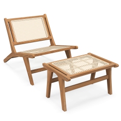 COSTWAY Mid Century Modern Accent Chair With Ottoman Teak Wooden Frame Farmhouse