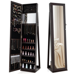 COSTWAY Mirrored Jewelry Cabinet Armoire Lockable Standing Storage Organizer With Shelf
