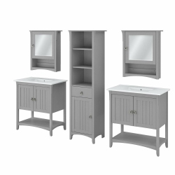 BUSH INDUSTRIES 64W Double Vanity Set With Sinks, Medicine Cabinets And Linen Tower Cape Cod In Gray