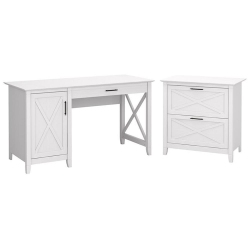 BUSH Key West 54W Computer Desk With File Cabinet In Pure Oak - Engineered Wood In White