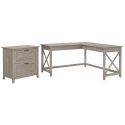 BUSH Furniture Key West 60W L Shaped Desk With File Cabinet In Washed In Gray