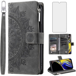 UNKNOWN Phone Case for Samsung Galaxy Note 9 Wallet Cover With Tempered Glass Screen Protector And Wrist Strap Mandala