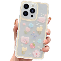 UNKNOWN Case for Iphone 13 Pro Max, Cute Cartoon Flower Strawberry Bear Floral Pattern Curly Wave Frame Lace Design