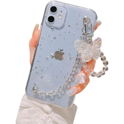 UNKNOWN Girl Women Beautiful Foil Leaf Transparent Tpu Phone Case +Metal Bracelet Chain +Butterfly Lanyard, In Gold