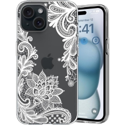 UNKNOWN Iphone 15 Plus Case, for Girls Woman, Cute Lace Floral Design Pattern Hard Back Soft Bumper Shockproof In White