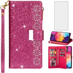 UNKNOWN Phone Case for Samsung Galaxy A50 A50S A30S Wallet Cover With Tempered Glass Screen Protector And Wrist Strap Bling