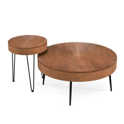 COSTWAY Farmhouse Round Coffee Table Set Of 2 End Table Natural Finish for Living Room Coffee/natural