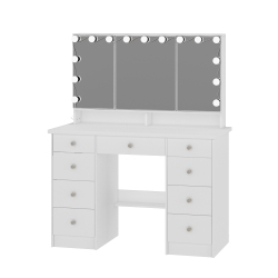 FAMAPY Vanity Desk Set Makeup Table \w Large Three-Color Illuminated Mirror, Dressing Table \w 9 Drawers, Storage Shelves for Bedroom(43.3" W X