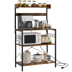 HOMCOM Kitchen Bakers Rack With Power Outlet, Microwave Stand, Coffee Bar With Adjustable Shelves, 5 Hooks for Spices, Pots And Pans, Rustic