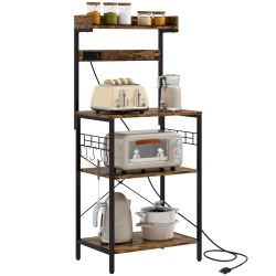 HOMCOM Kitchen Bakers Rack With Power Outlet, Microwave Stand, Coffee Bar With Adjustable Shelves, 5 Hooks for Spices, Pots And Pans, Rustic