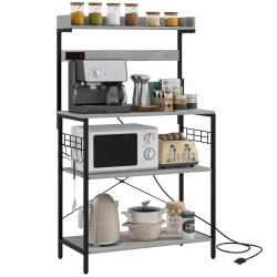 HOMCOM Kitchen Bakers Rack With Power Outlet, Microwave Stand, Coffee Bar With Adjustable Shelves, 5 Hooks for Spices, Pots And Pans, Distressed