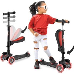 HURTLE 3-Wheeled Scooter for Kids - Wheel Led Lights, Adjustable Lean-To-Steer Handlebar, And Foldable Seat - Sit Or Stand Ride \w Brake for Boys