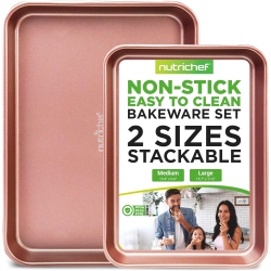 NUTRICHEF 2-Piece Nonstick Cookie Sheet Baking Pans Set - Large & Medium Carbon Steel Oven Baking Trays – Stackable & Easy to Clean – Rose Gold