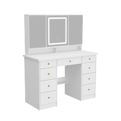 FAMAPY Vanity Desk Set Makeup Table \w Large Three-Color Illuminated Mirror, Dressing Table \w 9 Drawers, Storage Shelves for Bedroom(43.3" W X