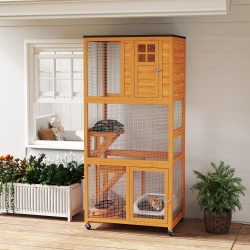 PAWHUT 74"h Wooden Catio Cat Enclosure, Indoor Outdoor Kitten House \w Weatherproof Asphalt Roof & Brake Wheels, Luxury Kitten Condo Cage For