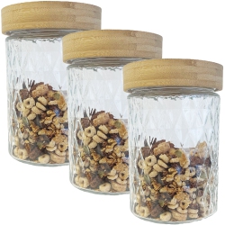 JS GOURMET - Set Of 3 Embossed Glass Containers With Airtight Lid, 1300Ml Capacity