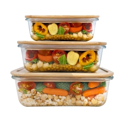 JS GOURMET - Set Of 3 Food Containers, Bamboo Lid, Oven Safe