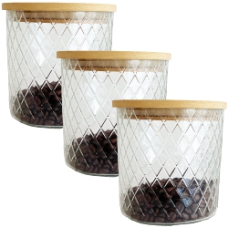 JS GOURMET - Set Of 3 Embossed Glass Containers With Airtight Lid, 1000Ml Capacity