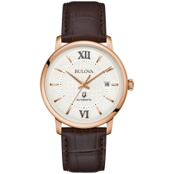 BULOVA Mens Hudson Automatic Watch 39MM Rose Gold-Tone Stainless Steel Case Leather Strap With Silver-White Dial (97B225) In Brown