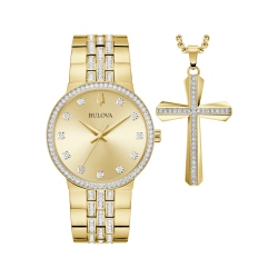 BULOVA Mens Crystal Quartz Box-Set 40MM Gold-Tone Stainless Steel Case And Bracelet With Dial With Corresponding Cross Pendant Necklace (98K113)
