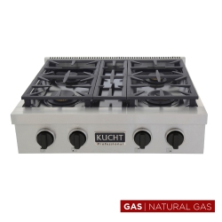 KUCHT Professional 30-Inch Natural Gas Range Top With Sealed Burners In Stainless Steel With Tuxedo Knobs In Black