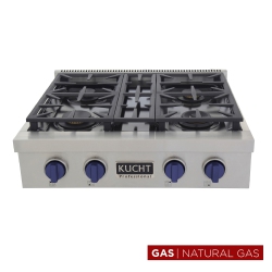 KUCHT Professional 30-Inch Natural Gas Range Top With Sealed Burners In Stainless Steel With Royal Knobs In Blue