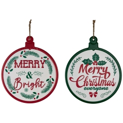 NORTHLIGHT Merry And Bright Ornament Style Metal Christmas Wall Signs - 14" - And Green - Set Of 2 In Red