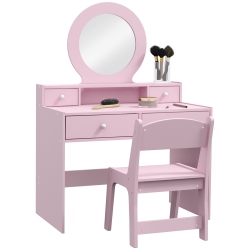 QABA Kids Vanity Set, Children Dressing Table With Mirror, Kids Makeup Table With Stool And Storage Drawers, for Ages 3-8 In Pink