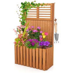 COSTWAY Wooden Plant Stand Raised Garden Bed With Trellis & Planter Box Privacy Screen