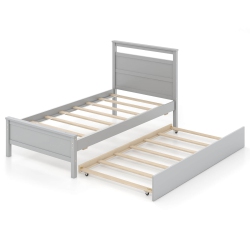 COSTWAY Twin Size Platform Bed With Trundle Pull-Out Trundle Headboard & Footboard