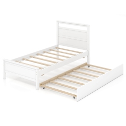 COSTWAY Twin Size Platform Bed With Trundle Pull-Out Trundle Headboard & Footboard