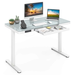 COSTWAY 48" X 24" Whole-Piece Glass Standing Desk W/drawers Writable Tempered Glass Top