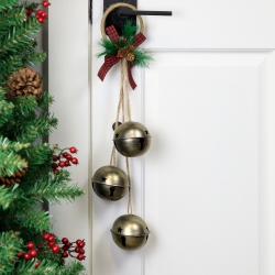 NORTHLIGHT Jingle Bells With Plaid Bow Hanging Christmas Decoration - 20" - In Gold