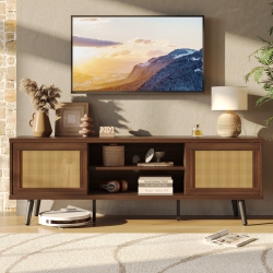 BESTIER Mid-Century Modern Tv Stand for 70" Tv, Media Console With Natural Rattan Sliding Door
