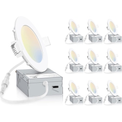 INCARLED 4Inch 5Cct Led Recessed Slim Pot Light \w Junction Box, 9W 750Lm Dimmable Ic Rated Color Changeable Ceiling Lighting (10Pack