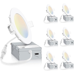 INCARLED 4Inch 5Cct Led Recessed Slim Pot Light \w Junction Box, 2700K 3000K 3500K 4000K 5000K Dimmable Ic Rated Ceiling Lighting 9W 750Lm (6Pack