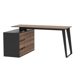 FAMAPY L-Shaped Executive Desk With Storage Drawers And Shelving - Modern Office Desk With Steel Frame (54.3" W X 40.9" D X 29.1" H) Walnut In Black