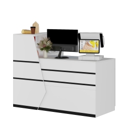 FAMAPY L-Shaped Reception Desk With Storage Shelves, Lockable Drawer, And Cabinet for Office, (55.1" W X 39.4" D X 43.3" H) In White
