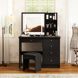 FAMAPY Vanity Desk Set Makeup Table \w Large Sliding Lighted Mirror, Dressing Table \w 5 Drawers, Storage Shelves & Cushioned Stool for Bedroo(39.4