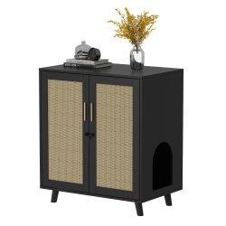 FAMAPY Modern Cat Litter Box Enclosure Cabinet With Double Doors, Ventilation Holes, And Rattan Design (31.5" W X 19.7" D X 35.4" H) Black And