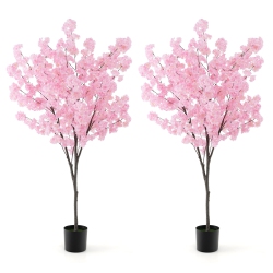 COSTWAY 6.5 Ft 2 PCs Tall Artificial Cherry Blossom Tree With 900 Flowers Cement-Filled In Pink